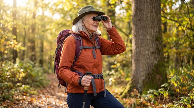 Senior woman hiker in autumn forest wearing hat and orange jacket, holding trekking pole and using binoculars, backpack on shoulders, sunlight through trees