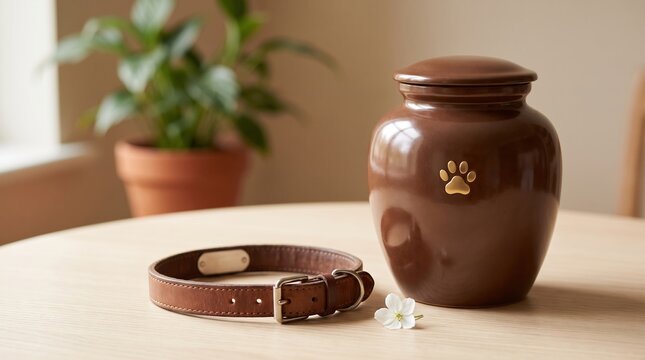 Glossy brown pet urn with a gold paw print on a wooden table beside a leather collar and buckle, pet cremation photography.