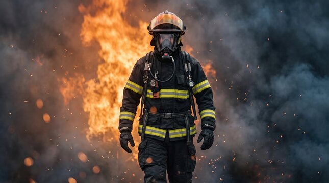 Firefighter in full protective gear and helmet walks toward camera through heavy smoke, with a large blaze behind, glowing embers and sparks in the air