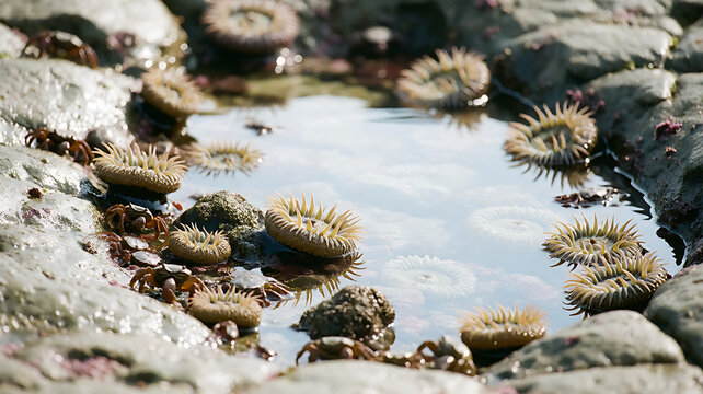 tide pool crowded with life at low tide in a rocky shore
