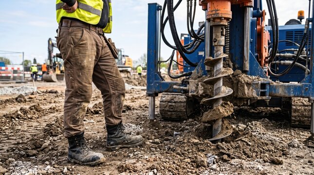 Construction worker in reflective vest and muddy pants stands beside heavy drilling rig with large auger bit in wet soil at worksite; other workers and machinery in distance
