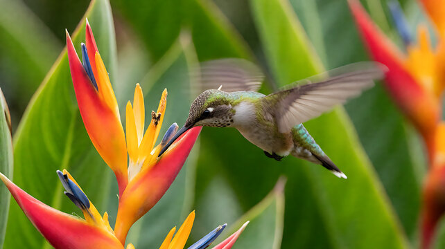 hummingbird hovering at a flower