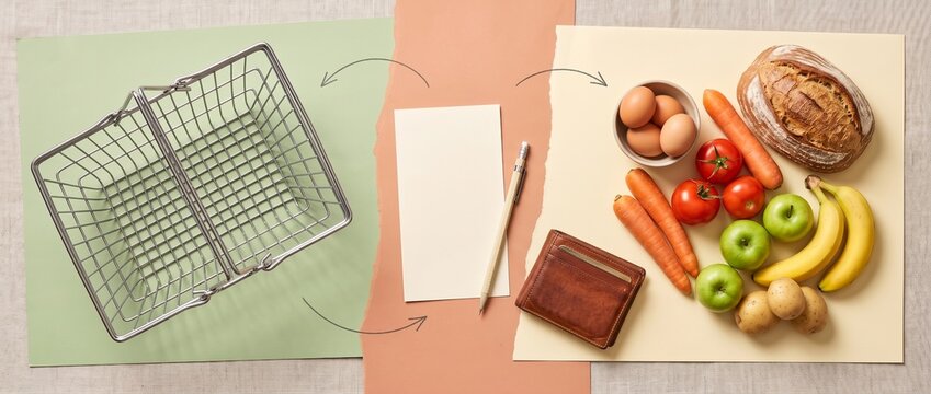 Grocery budgeting concept with shopping basket, blank list, wallet and basic groceries, careful everyday food shopping and household budget planning