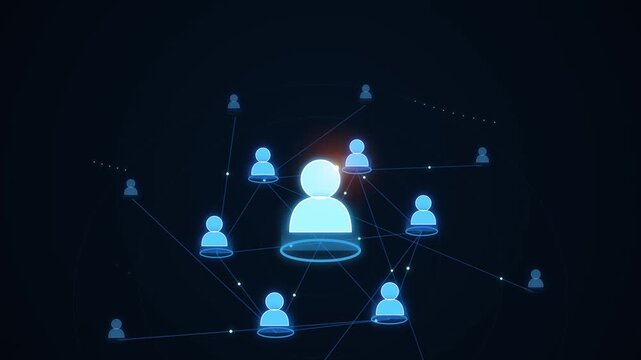 Glowing digital human silhouettes in interconnected network nodes represent complex business communication and global connections. Suitable for technology and networking concepts.