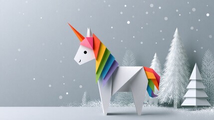 Obraz premium origami unicorn in a snowy winter forest paper art illustration