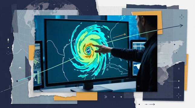Meteorologist tracking a hurricane on a weather radar monitor with storm path visualization, severe weather forecasting, tropical cyclone monitoring and emergency preparedness concept