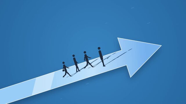 Four business figures walking up bright blue directional arrow. Suitable for growth, success, motivation, teamwork, business concept designs.