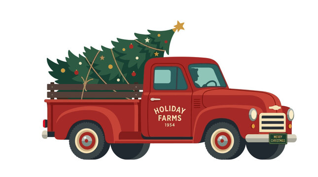 Vintage Red Pickup Truck Carrying a Decorated Christmas Tree for Holiday Celebration