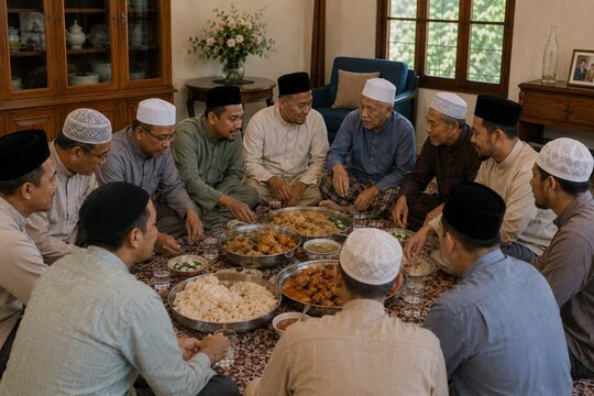 Muslim Family Sharing Traditional Meal on Floor During Aqiqah Gathering