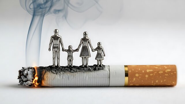 Cigarette with smoking family figures representing the harmful effects of tobacco exposure