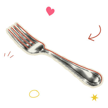 Retro vintage halftone fork with heart and arrow doodles on white cutlery