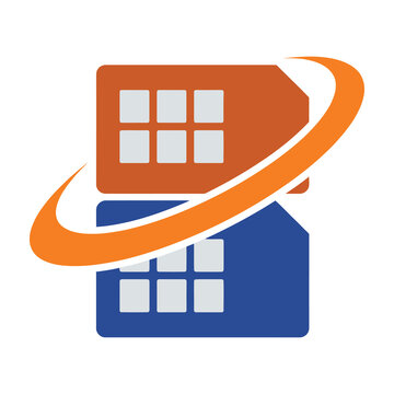 Orange and blue house icons with swoosh graphic design elements
