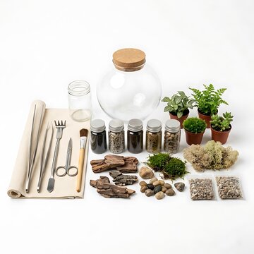 Terrarium assembly kit components for indoor gardening and creative