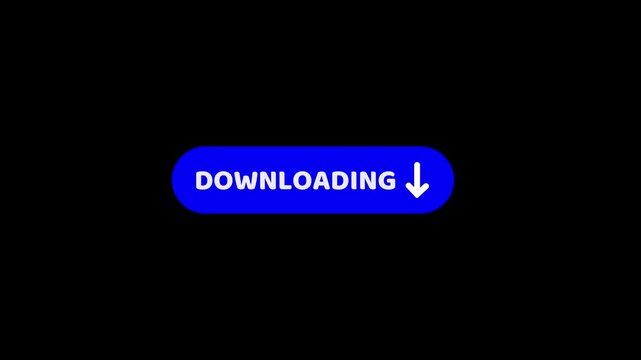 Blue download button pulsing text and fading down arrow icon loop animation on transparent background alpha channel. 4K