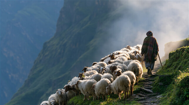 Candid photo of a shepherd guiding a flock of sheep down a terraced mountain path, soft morning mist, documentary style, peaceful mood. AI gen