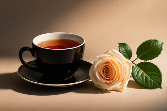 A black cup of tea rests on a saucer next to a single peach-colored rose with green leaves on a plain beige surface.