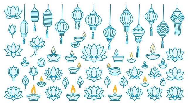 Animated festival icons collection with hanging lanterns and lotus flowers