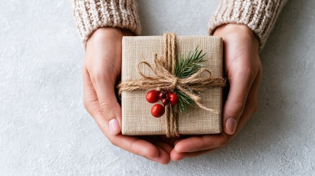 female hand hold christmas present with bow