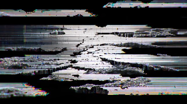 Horizontal VHS tracking error glitch overlay monochrome static noise digital broken screen effect retro tv distortion texture