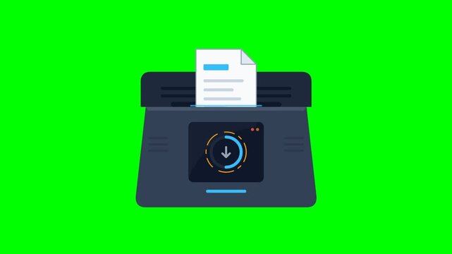 Animated scanner processing document against green screen background