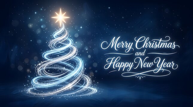 A beautiful illuminated christmas tree shines brightly accompanied by heartfelt new year greetings