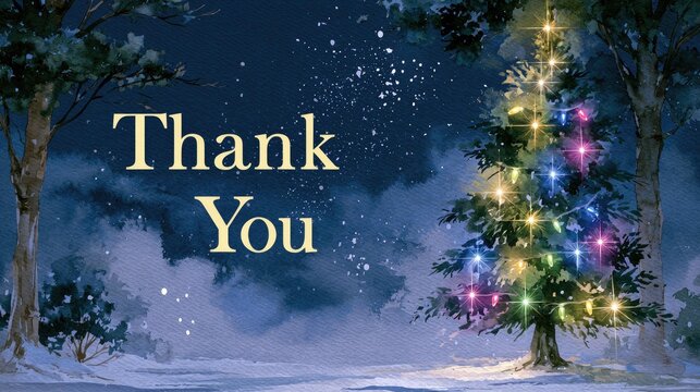 thank you text on snowy watercolor background with decorated christmas tree illustration