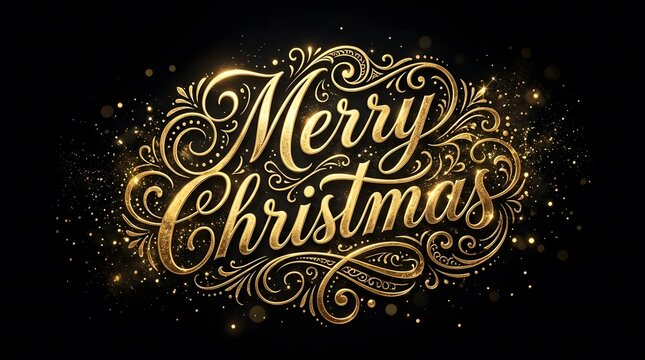 Elegant and festive 'merry christmas' calligraphy with golden flourishes and a dark background