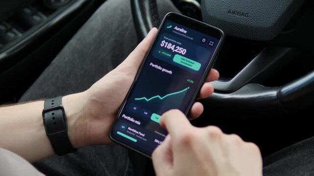 Investor reviews portfolio growth on a smartphone, tracking returns across timeframes as mobile wealth management and data-driven investing reshape personal finance.