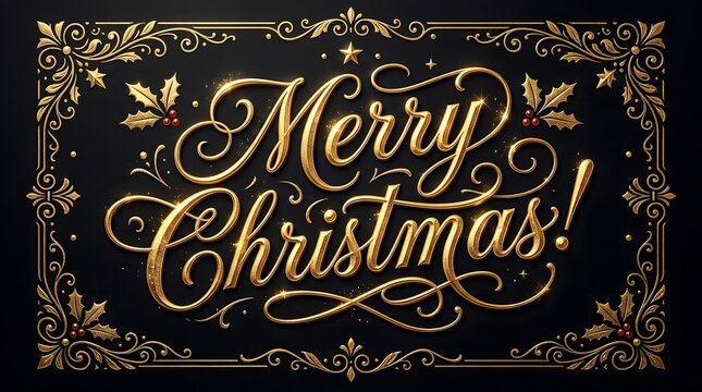 Elegant 'merry christmas' calligraphy with golden accents and a dark festive background