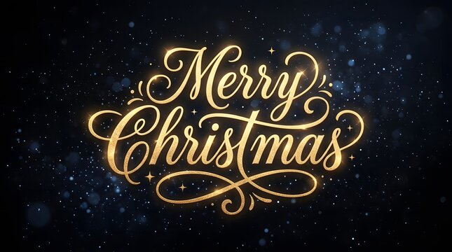 A beautiful and festive 'merry christmas' greeting with elegant gold calligraphy and a sparkling background