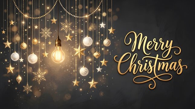 A beautiful and festive christmas scene with sparkling lights and elegant golden calligraphy