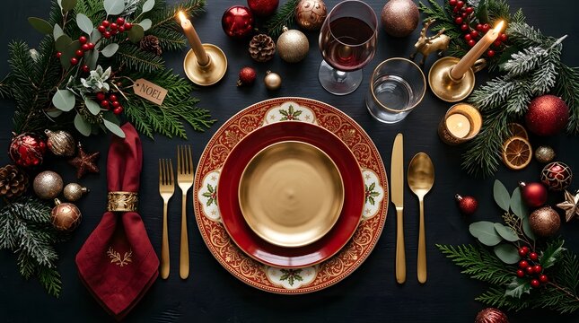 A beautifully set christmas table adorned with festive decorations and golden tableware ready for a joyous celebration