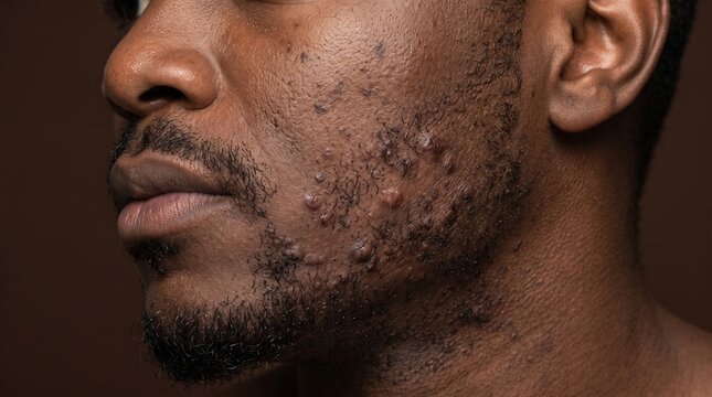 Close up of African American male face with severe cystic acne, dark spots and post inflammatory hyperpigmentation