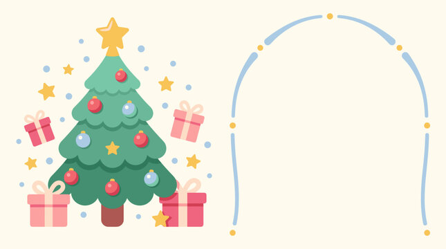 Christmas tree stands beside an archway. Bright ornaments and stars decorate the tree. Gifts rest at its base and near the arch. Golden star crowns the tree's peak