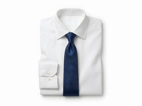 White dress shirt with navy blue tie displayed on mannequin torso for corporate fashion catalogs