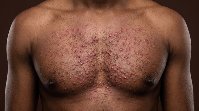 Close up of African American male chest suffering from severe body acne, red papules and folliculitis