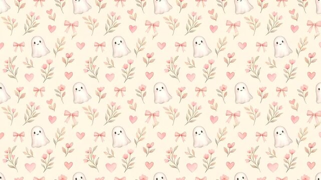 Seamless loop background with cute ghosts and pink pastel flowers