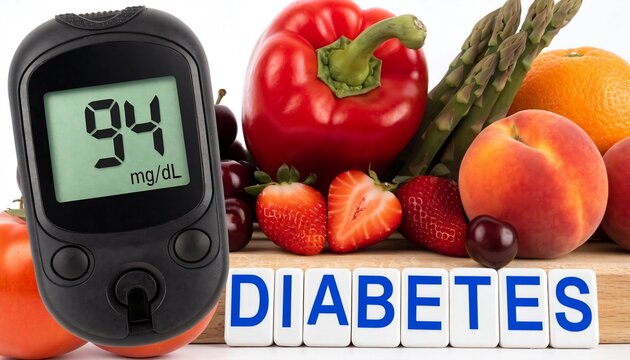 Blood glucose meter reading 94 mg dL beside fresh healthy fruits vegetables and diabetes text tiles, concept blood sugar management, diabetic diet and healthy lifestyle choices.