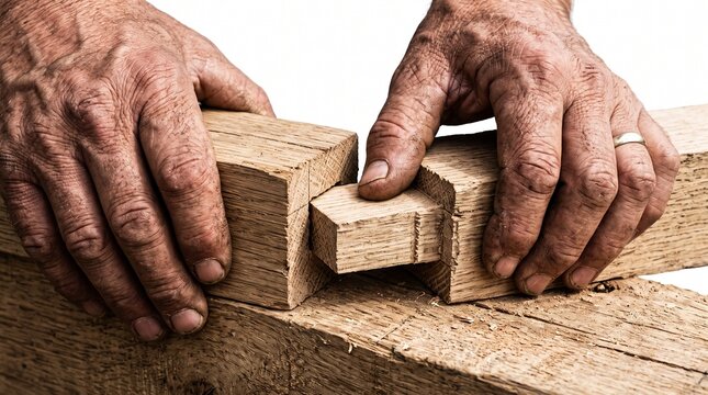 Carpenter hands joining wooden blocks with a dovetail joint