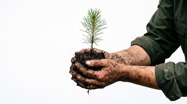 Hands holding a young pine tree seedling with soil and roots