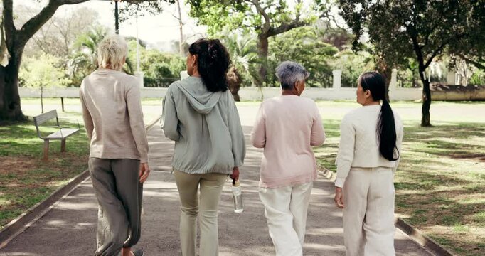 Fitness, back and friends in park with walk, wellness session and connection in workout hobby. Bonding, stroll or mature women with happy moment, exercise together or keeping fit in outdoor activity.