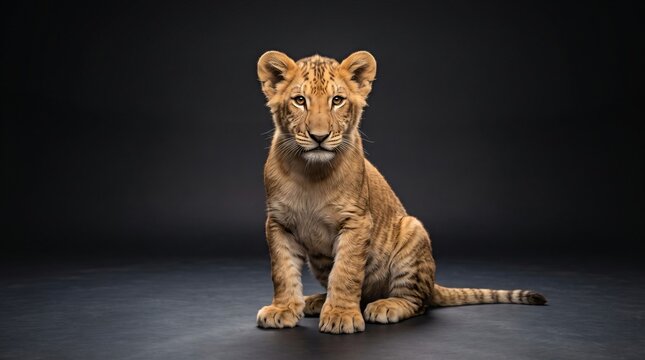 Realistic Tigon Cub Sitting in Studio &mdash; Panthera tigris &times; Panthera leo.