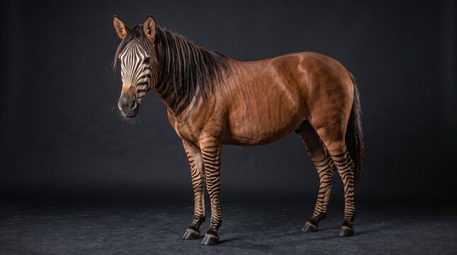 Zorse Standing in Studio, Zebra and Horse Hybrid &mdash; Equus quagga &times; Equus caballus.