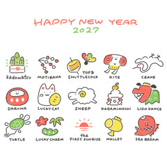 Fototapeta premium 英字ラベル付き羊と正月の縁起物の手描きのかわいいイラスト 2027年未年・正方形