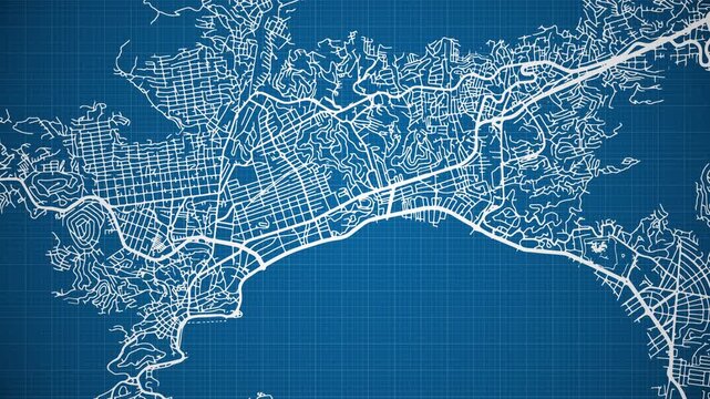 Ink reveal animation of Acapulco (Acapulco de Ju&aacute;rez) city, Guerrero, Mexico (M&eacute;xico) grid map. Aerial top view. Blueprint style. White lines with blue background. 4K Seamless loop.