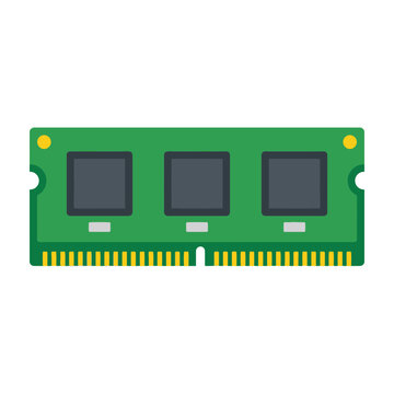Computer RAM module with three memory chips on green circuit board close-up