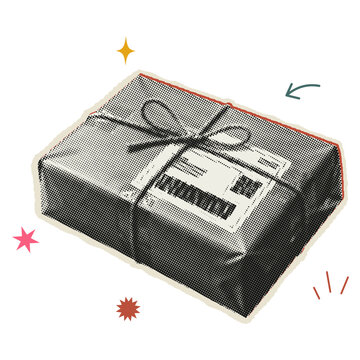 Retro vintage halftone wrapped parcel package with string bow and shipping label