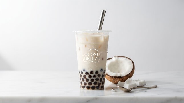 Iced coconut milk tea with tapioca pearls on a marble surface