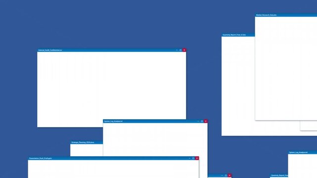 Multiple software windows opening on a blue background screen