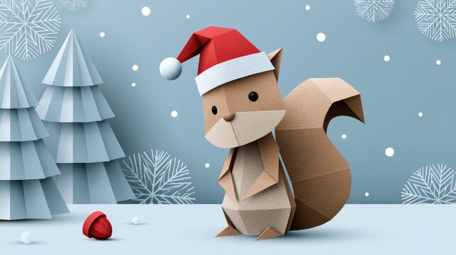 cute squirrel with santa hat in winter paper art illustration